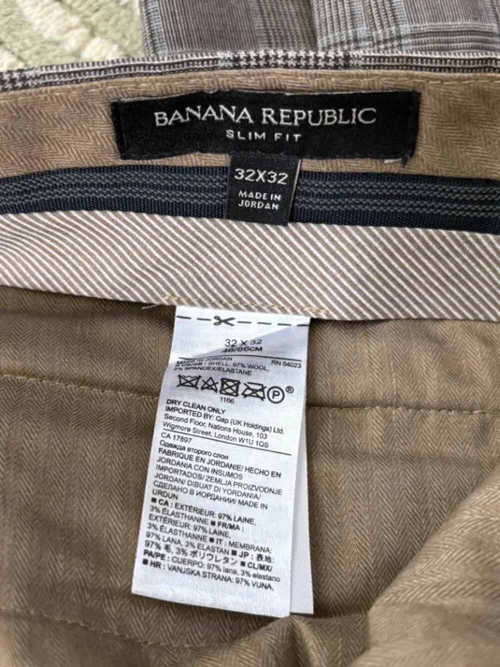 Banana Republic Slim Fit Stretch Wool Glen Plaid Pants 32x32 Brown/Tan